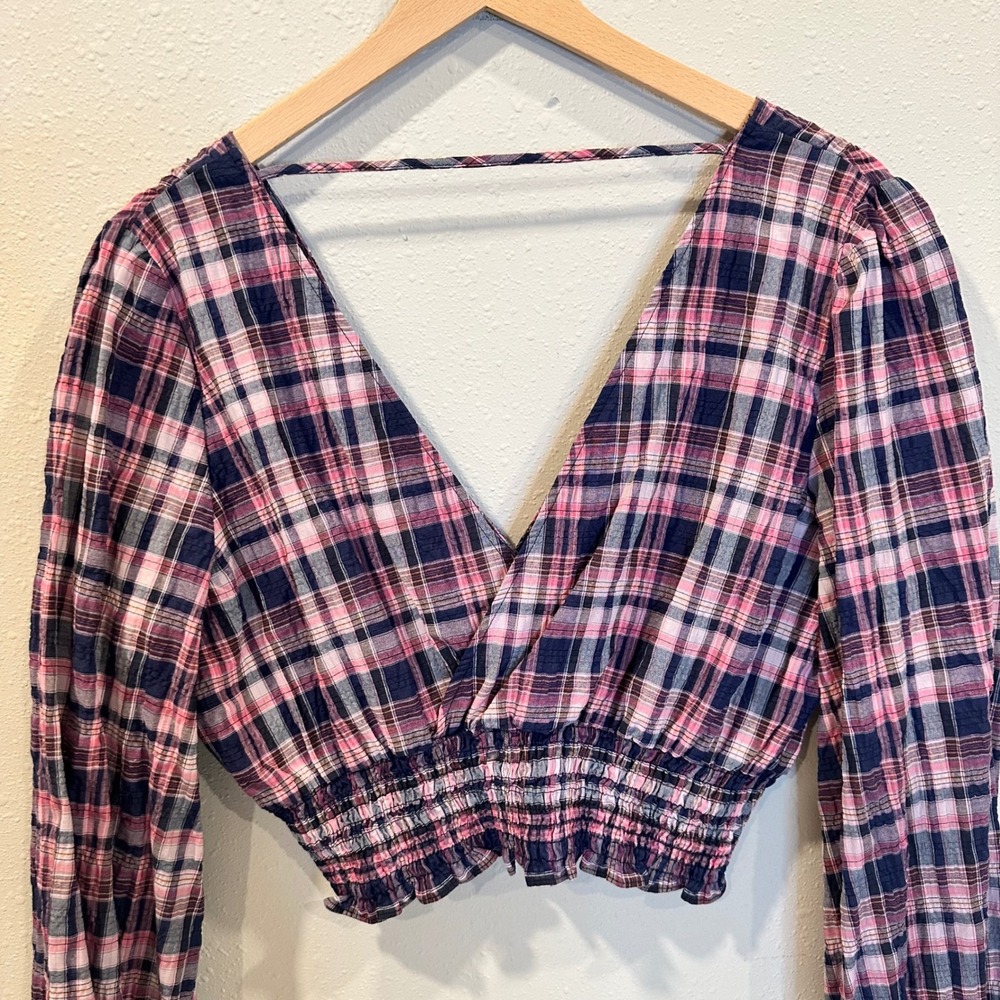 Zara Plaid Crop Top Women Medium Pink Smocked Balloon Sleeve Preppy Cottage Boho - Picture 10 of 12